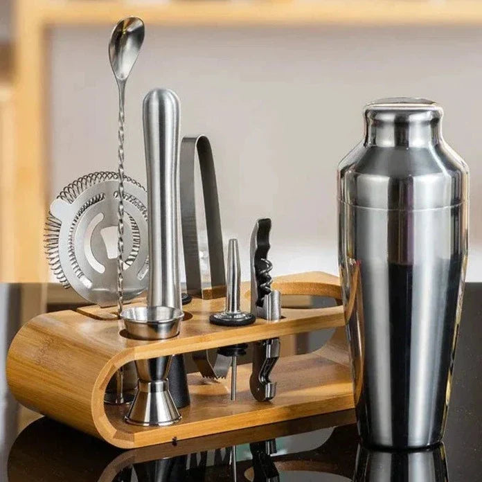Stainless Steel Cocktail Shaker Set with Bamboo Stand – Complete Home Bar Kit