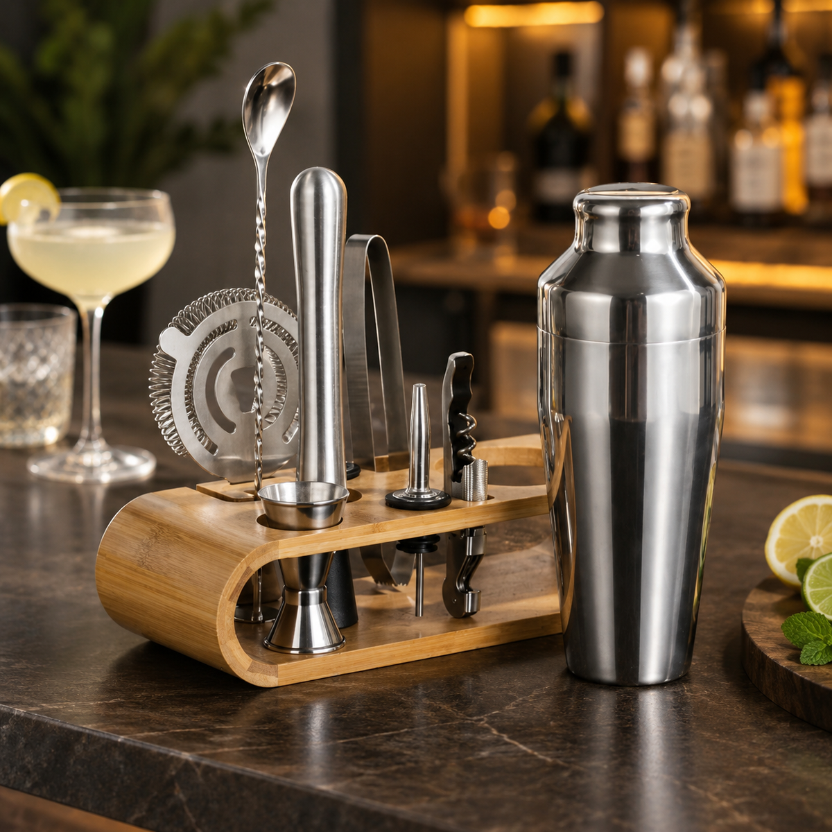 Stainless Steel Cocktail Shaker Set with Bamboo Stand – Complete Home Bar Kit