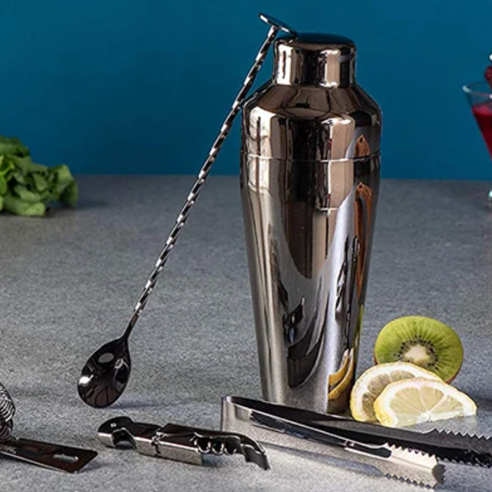 Stainless Steel Cocktail Shaker Set with Bamboo Stand – Complete Home Bar Kit