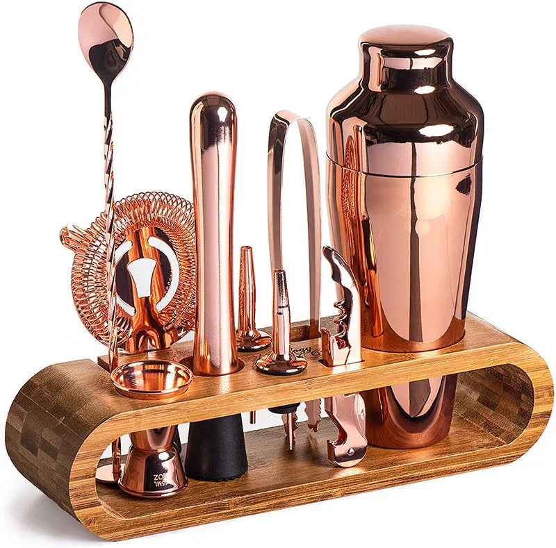 Stainless Steel Cocktail Shaker Set with Bamboo Stand – Complete Home Bar Kit