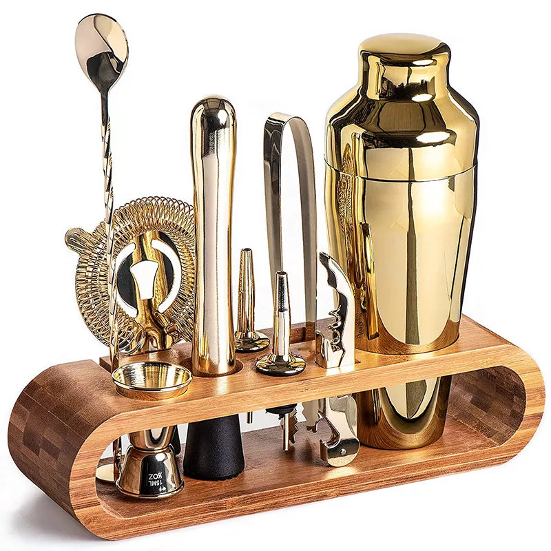 Stainless Steel Cocktail Shaker Set with Bamboo Stand – Complete Home Bar Kit