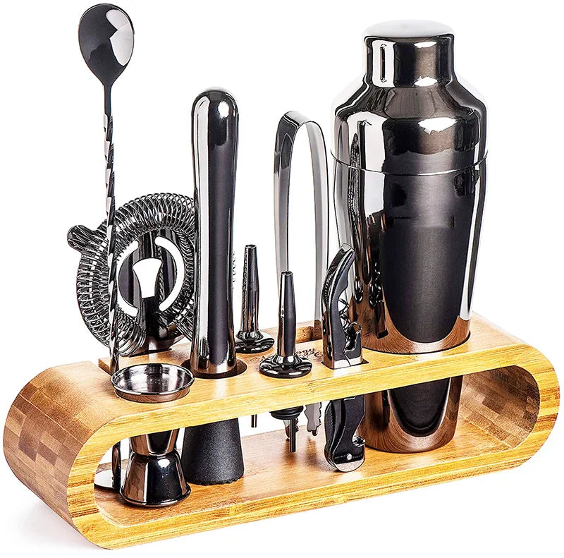 Stainless Steel Cocktail Shaker Set with Bamboo Stand – Complete Home Bar Kit