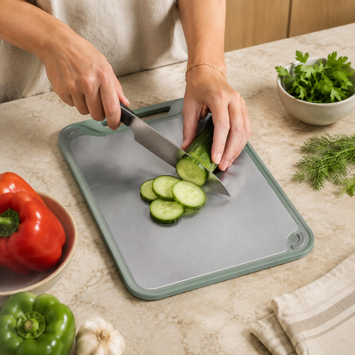 Double-Sided Stainless Steel and PP Cutting Board – Juice Groove and Built-in Garlic Grinder