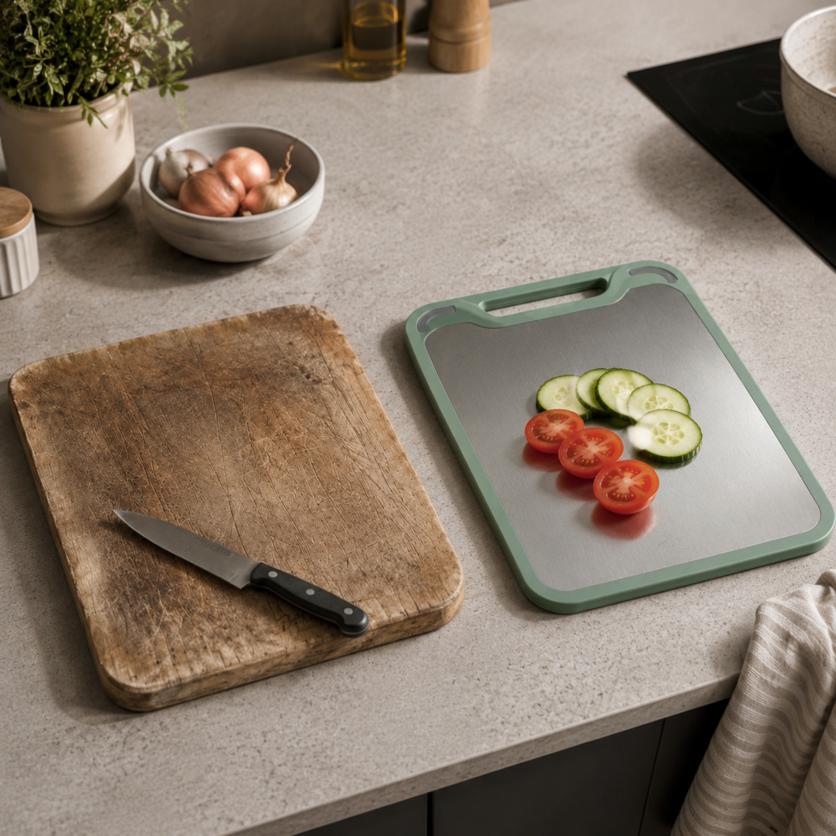 Double-Sided Stainless Steel and PP Cutting Board – Juice Groove and Built-in Garlic Grinder