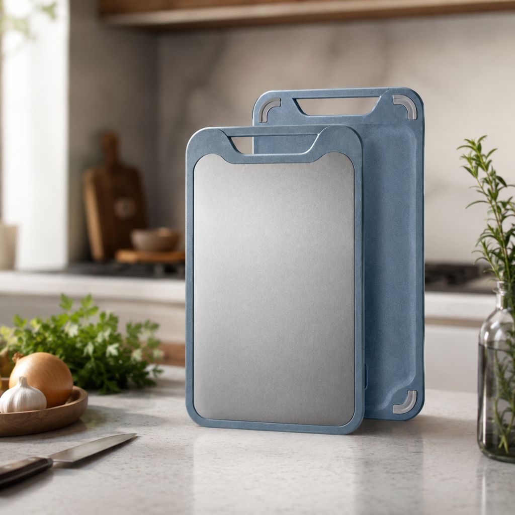 Double-Sided Stainless Steel and PP Cutting Board – Juice Groove and Built-in Garlic Grinder