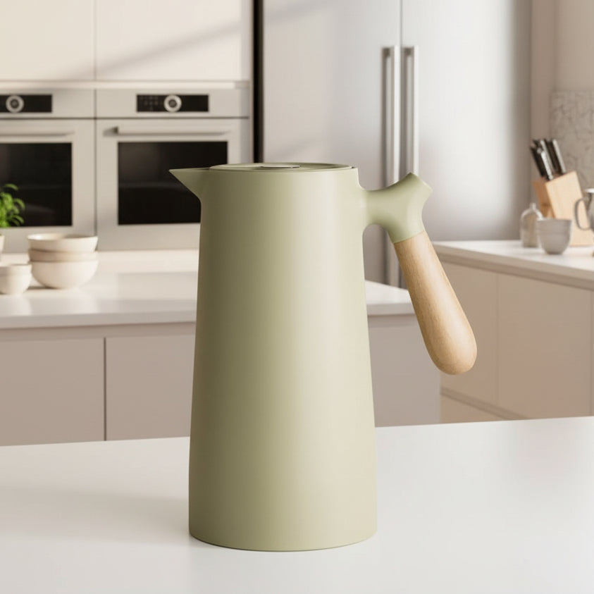 Double-Walled Glass Pitcher with Wooden Handle and Lid for Hot and Cold Drinks