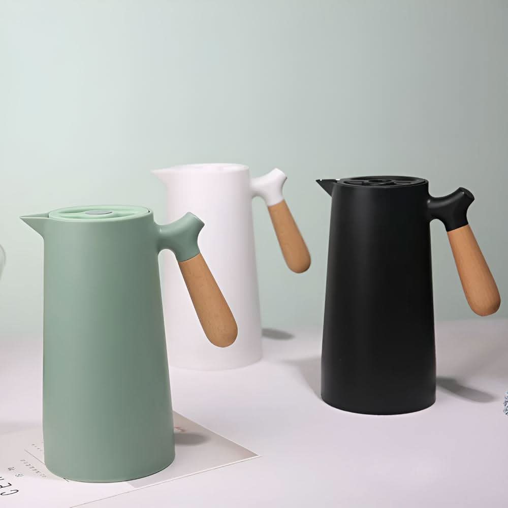 Double-Walled Glass Pitcher with Wooden Handle and Lid for Hot and Cold Drinks