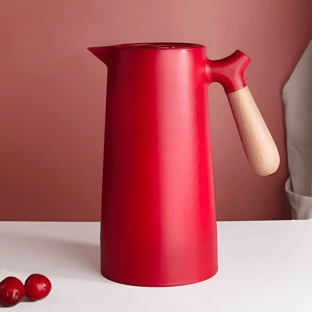 Double-Walled Glass Pitcher with Wooden Handle and Lid for Hot and Cold Drinks