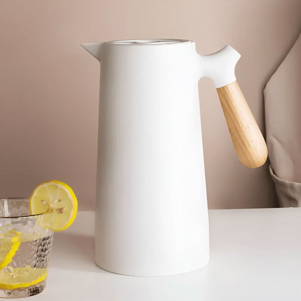 Double-Walled Glass Pitcher with Wooden Handle and Lid for Hot and Cold Drinks