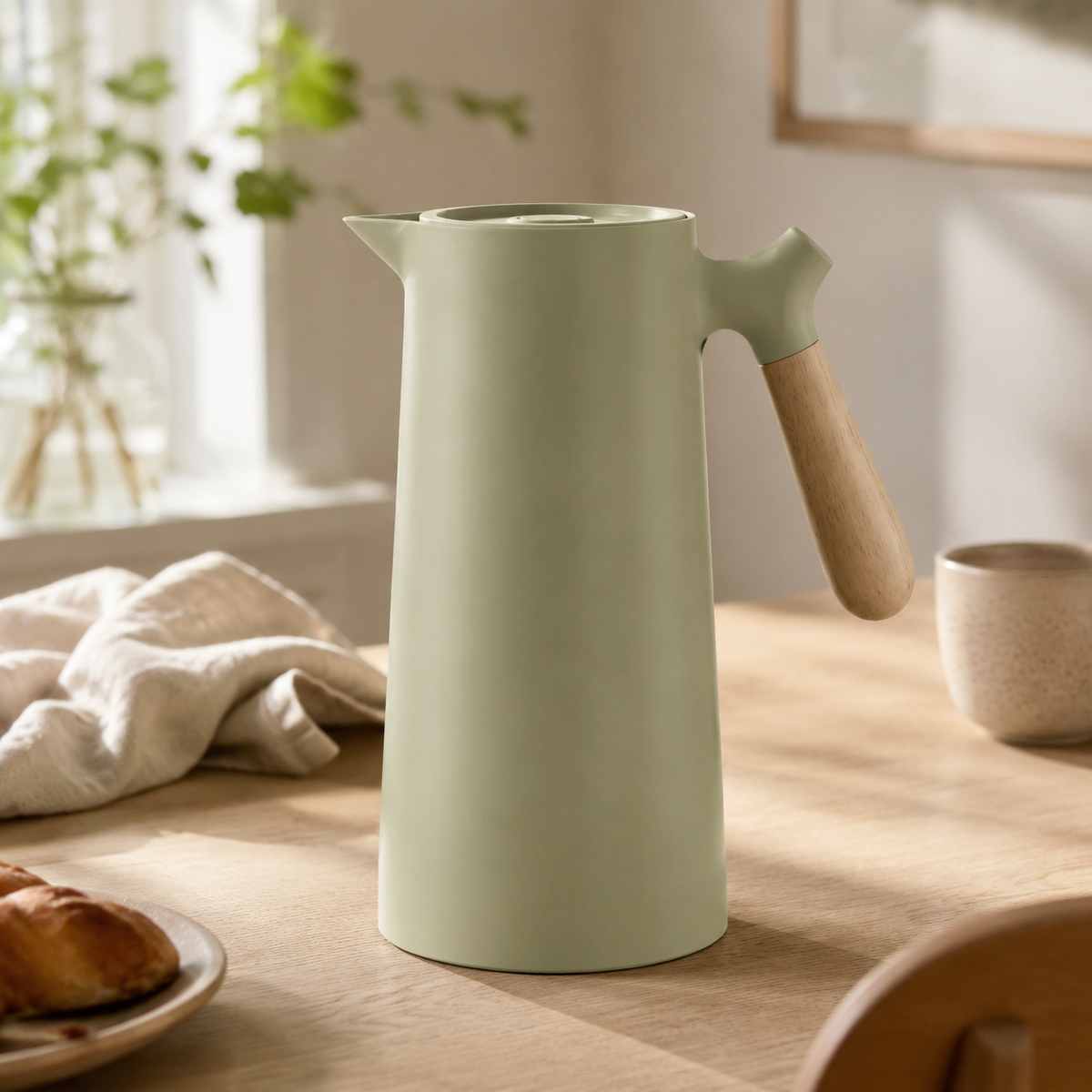 Double-Walled Glass Pitcher with Wooden Handle and Lid for Hot and Cold Drinks