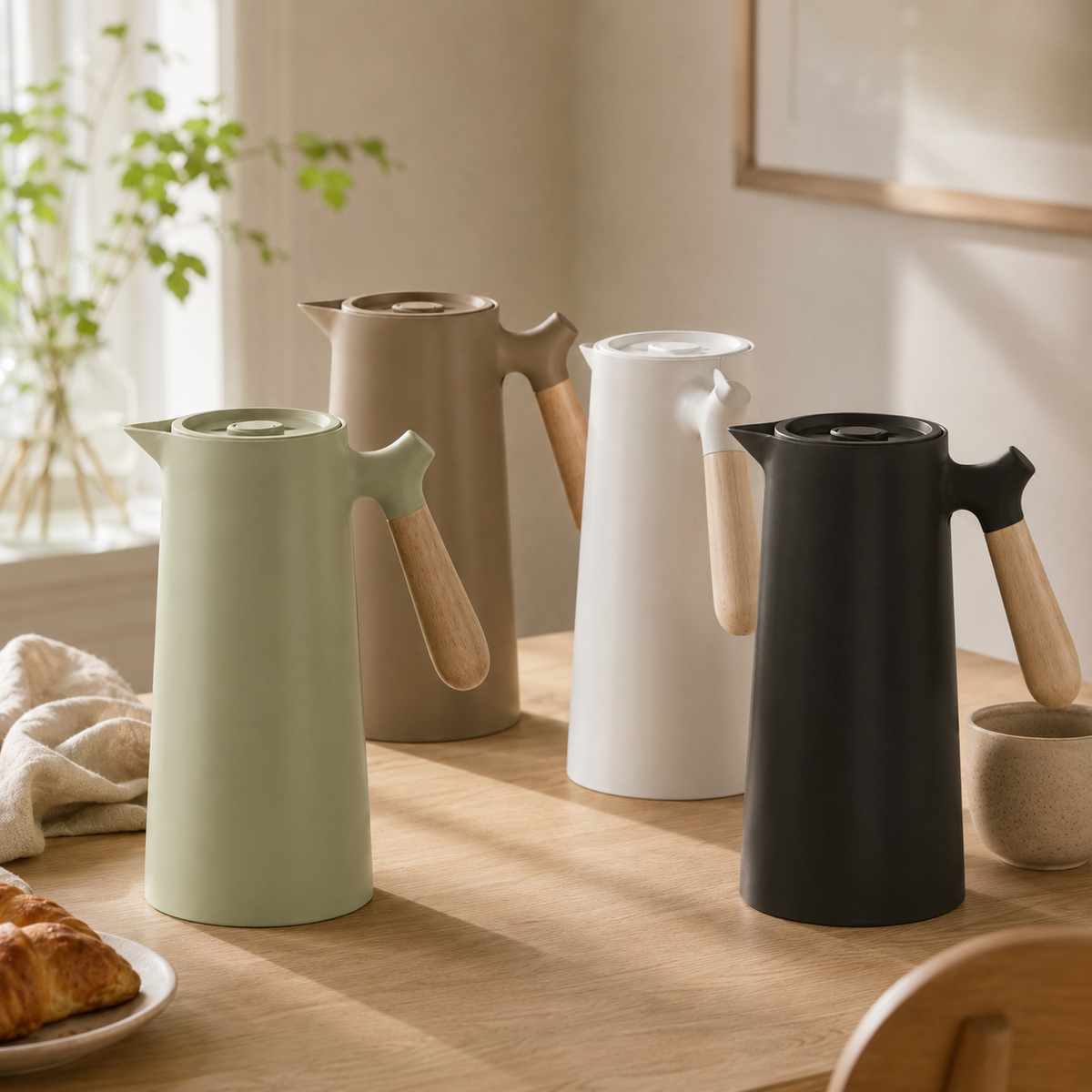Double-Walled Glass Pitcher with Wooden Handle and Lid for Hot and Cold Drinks