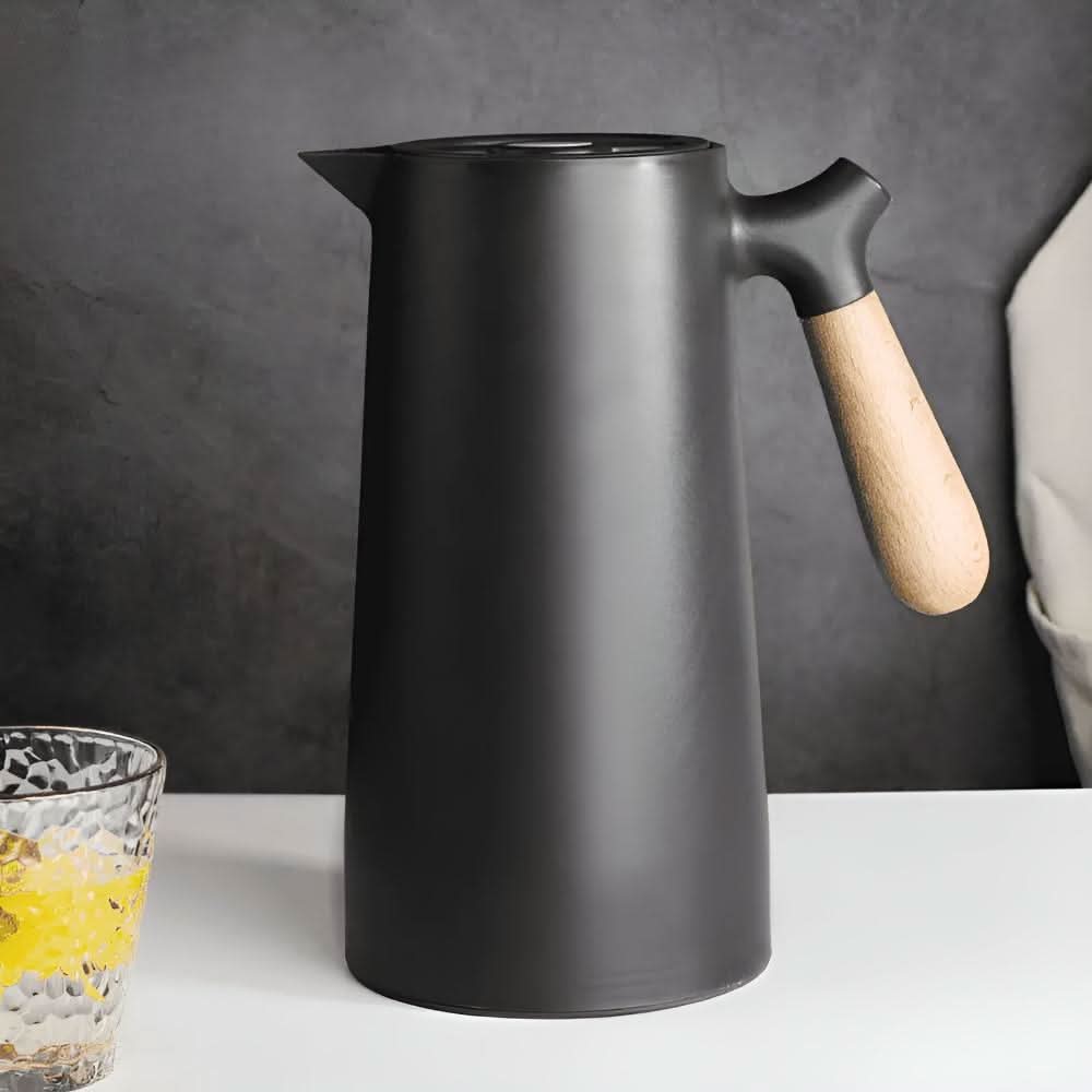 Double-Walled Glass Pitcher with Wooden Handle and Lid for Hot and Cold Drinks