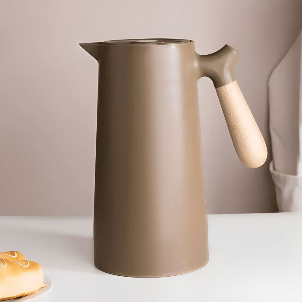 Double-Walled Glass Pitcher with Wooden Handle and Lid for Hot and Cold Drinks