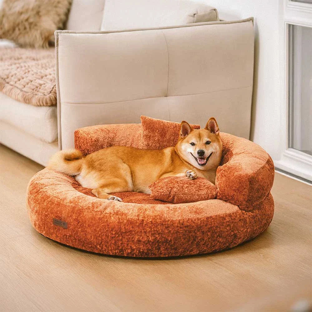 Donut Dog Bed in Soft Diamond Velvet with Orthopedic Support and Removable Cushion