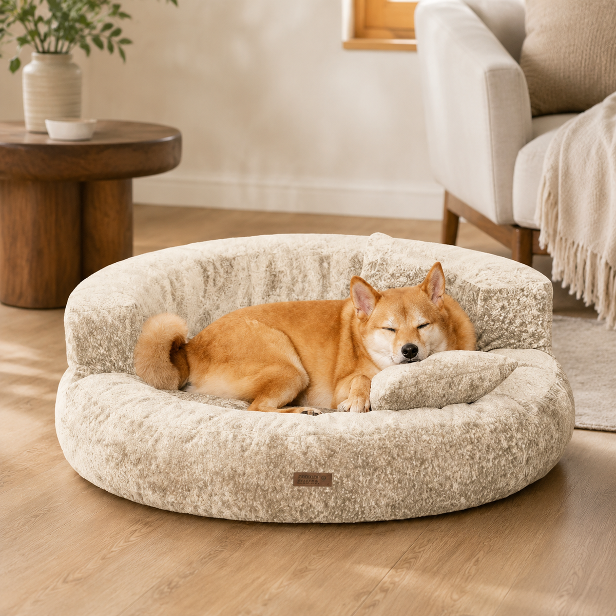Donut Dog Bed in Soft Diamond Velvet with Orthopedic Support and Removable Cushion