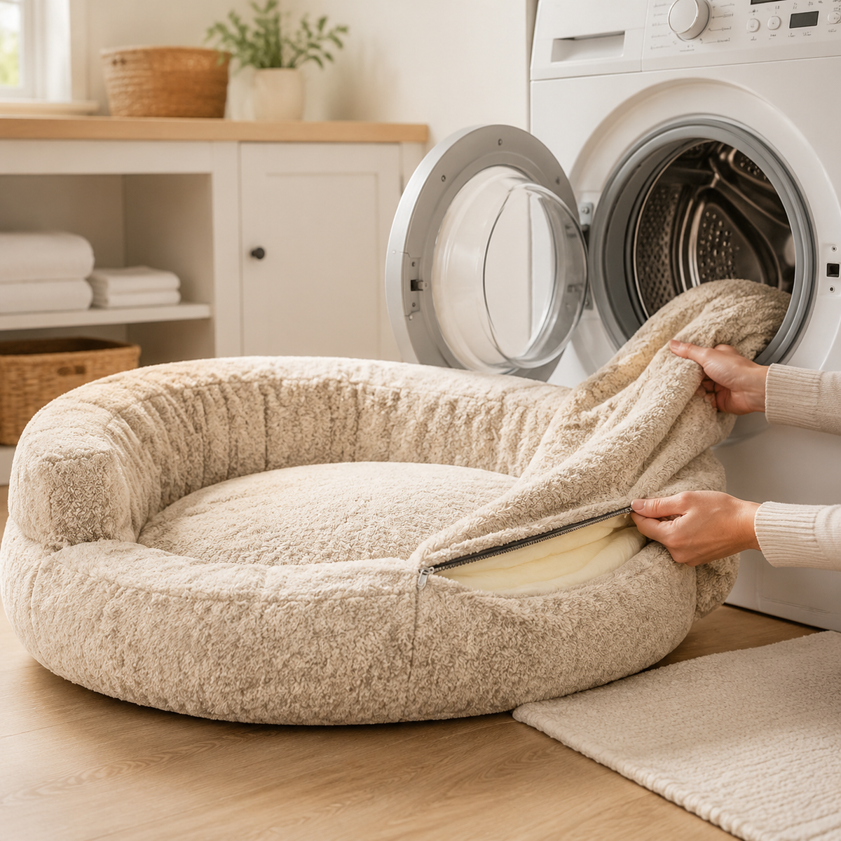 Donut Dog Bed in Soft Diamond Velvet with Orthopedic Support and Removable Cushion