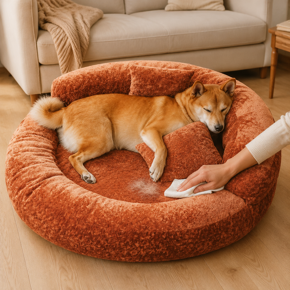 Donut Dog Bed in Soft Diamond Velvet with Orthopedic Support and Removable Cushion
