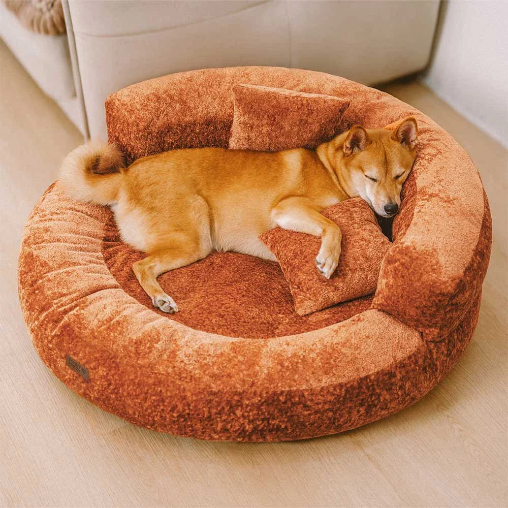 Donut Dog Bed in Soft Diamond Velvet with Orthopedic Support and Removable Cushion