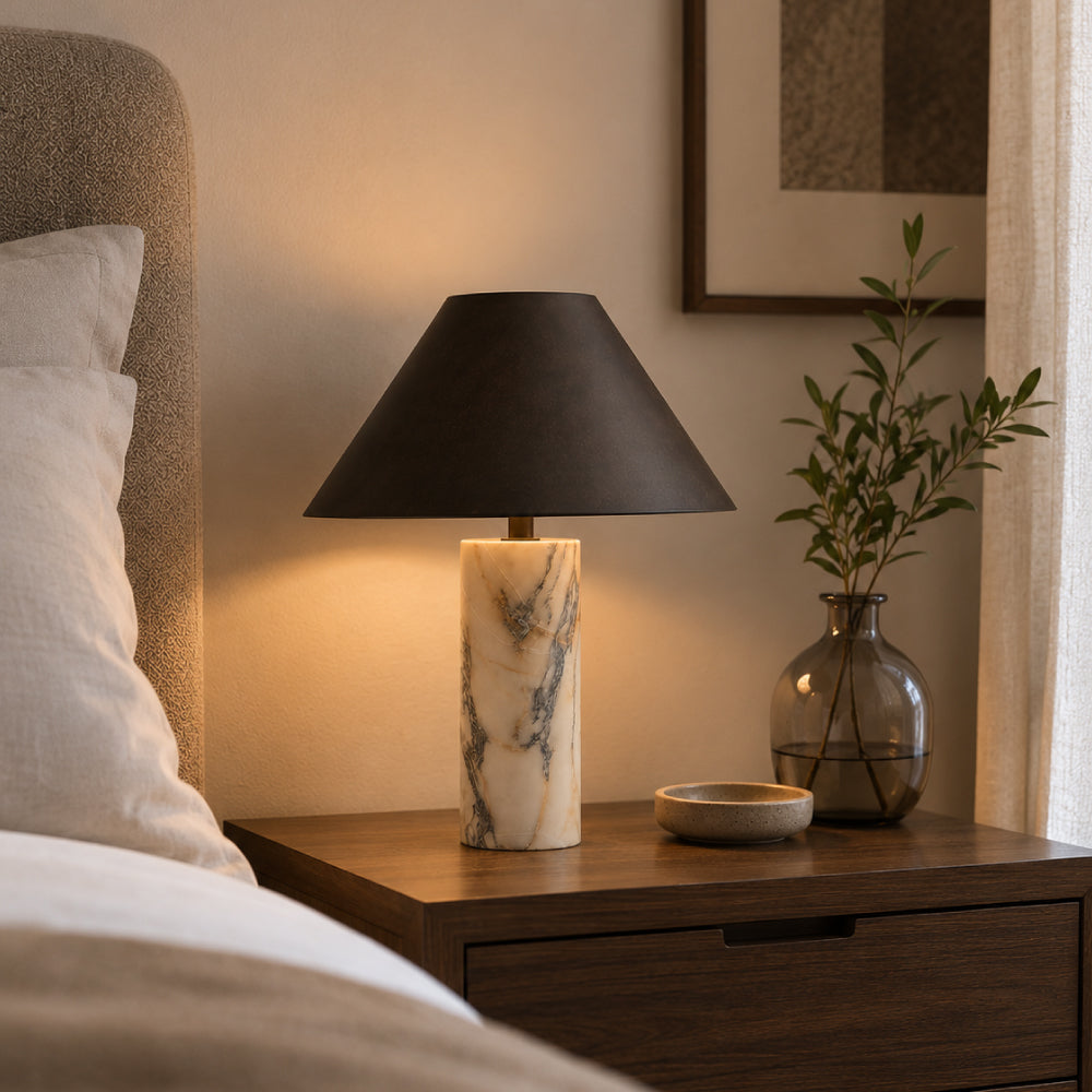 Exclusive Marble Table Lamp – Sculptural Cylinder Base with Elegant Black Shade