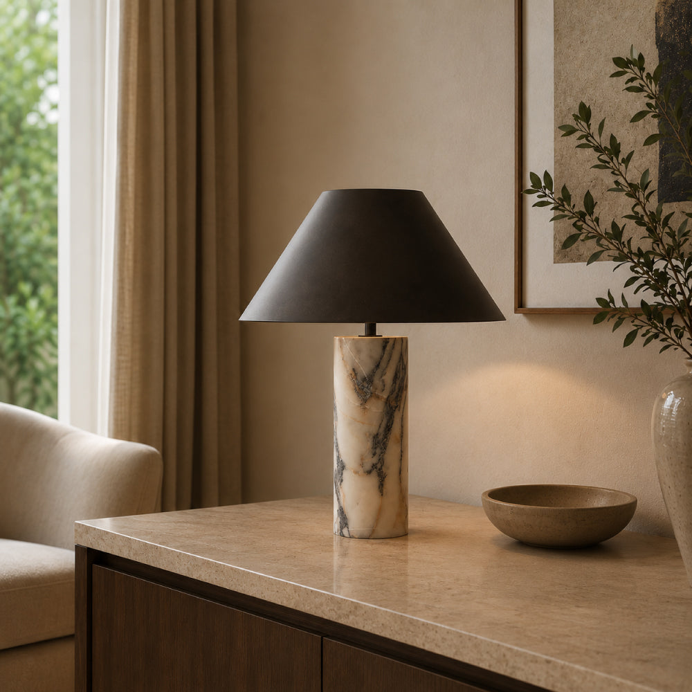 Exclusive Marble Table Lamp – Sculptural Cylinder Base with Elegant Black Shade