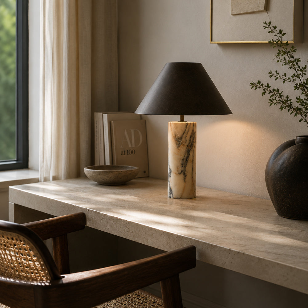 Exclusive Marble Table Lamp – Sculptural Cylinder Base with Elegant Black Shade