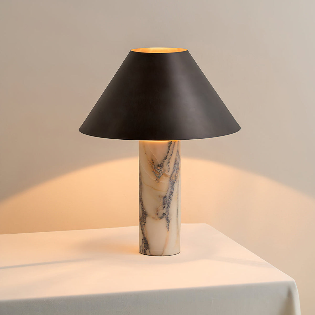 Exclusive Marble Table Lamp – Sculptural Cylinder Base with Elegant Black Shade