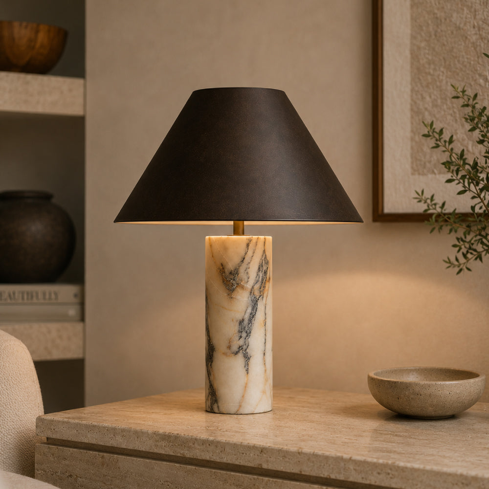 Exclusive Marble Table Lamp – Sculptural Cylinder Base with Elegant Black Shade