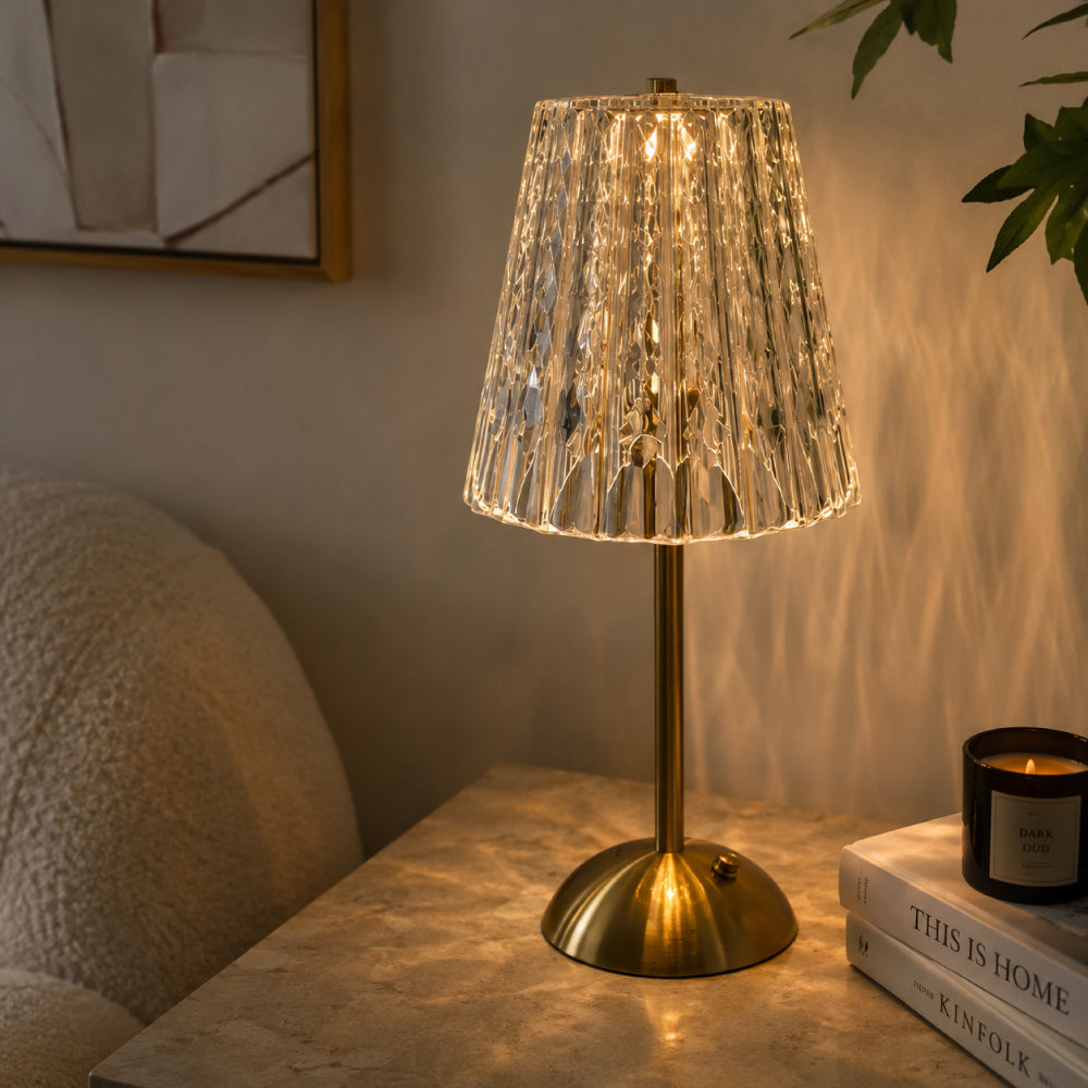 Rechargeable Cordless Table Lamp – Elegant Crystal Shade with Touch Dimming