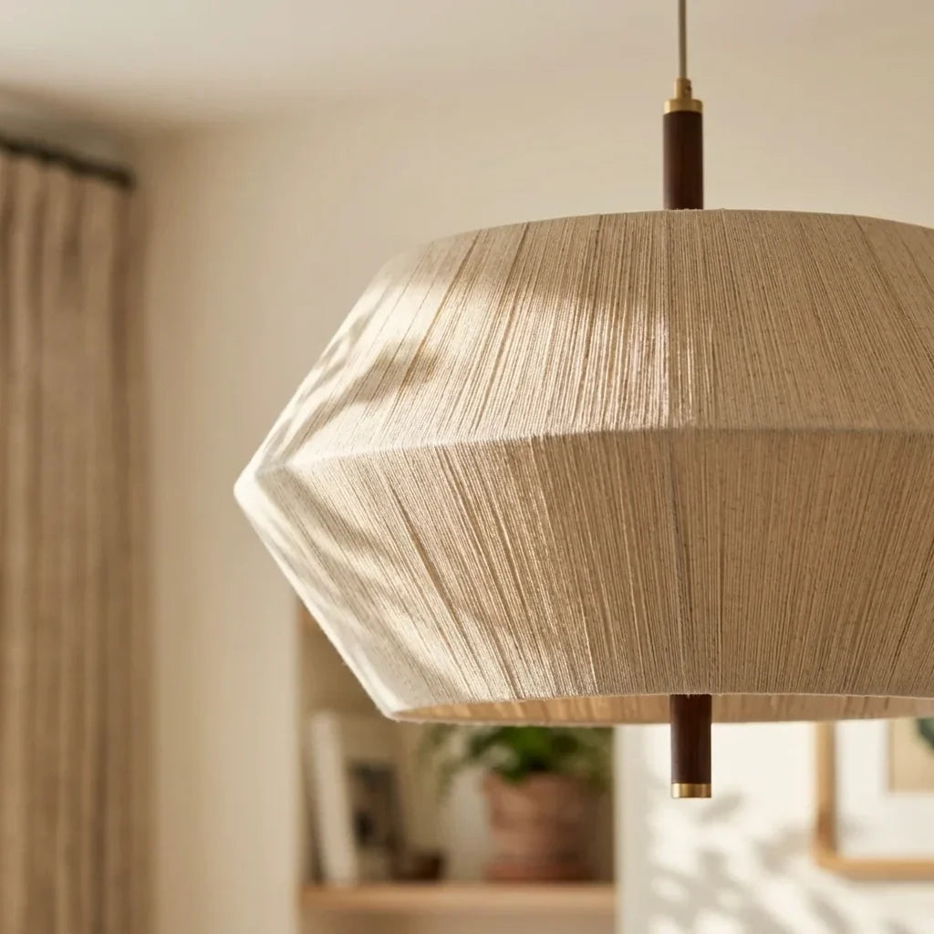 Geometric Wrapped Wire Pendant Light with Walnut Details