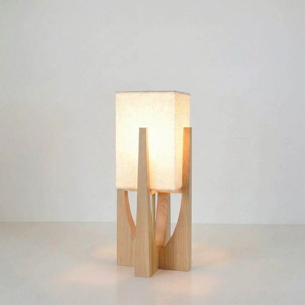 Wabi-Sabi Floor Lamp – Fabric Shade and Wood Base with Warm Light