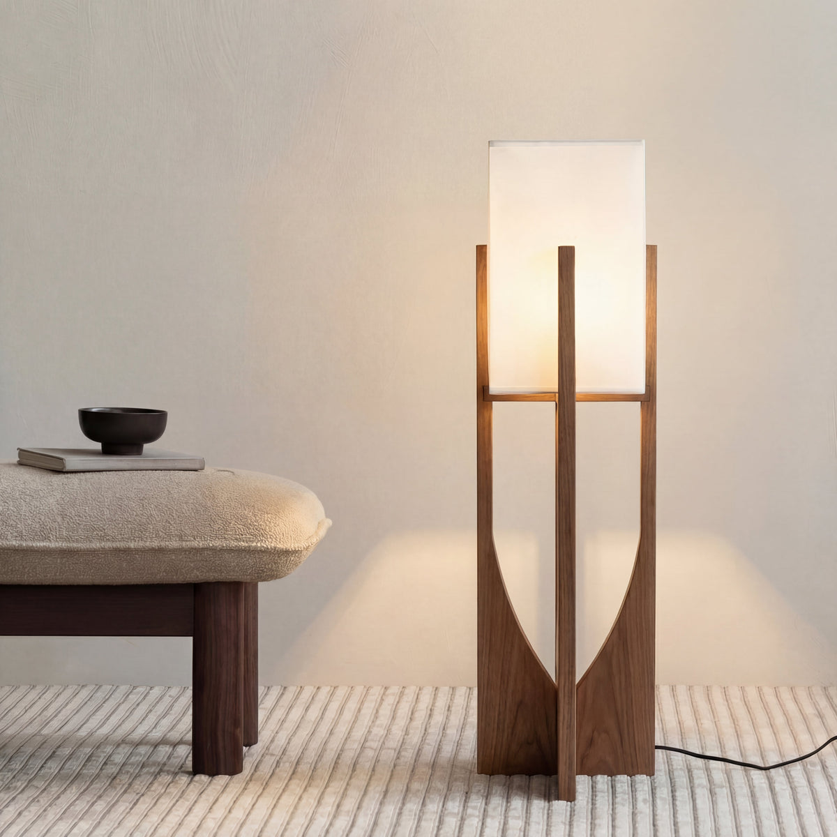 Wabi-Sabi Floor Lamp – Fabric Shade and Wood Base with Warm Light