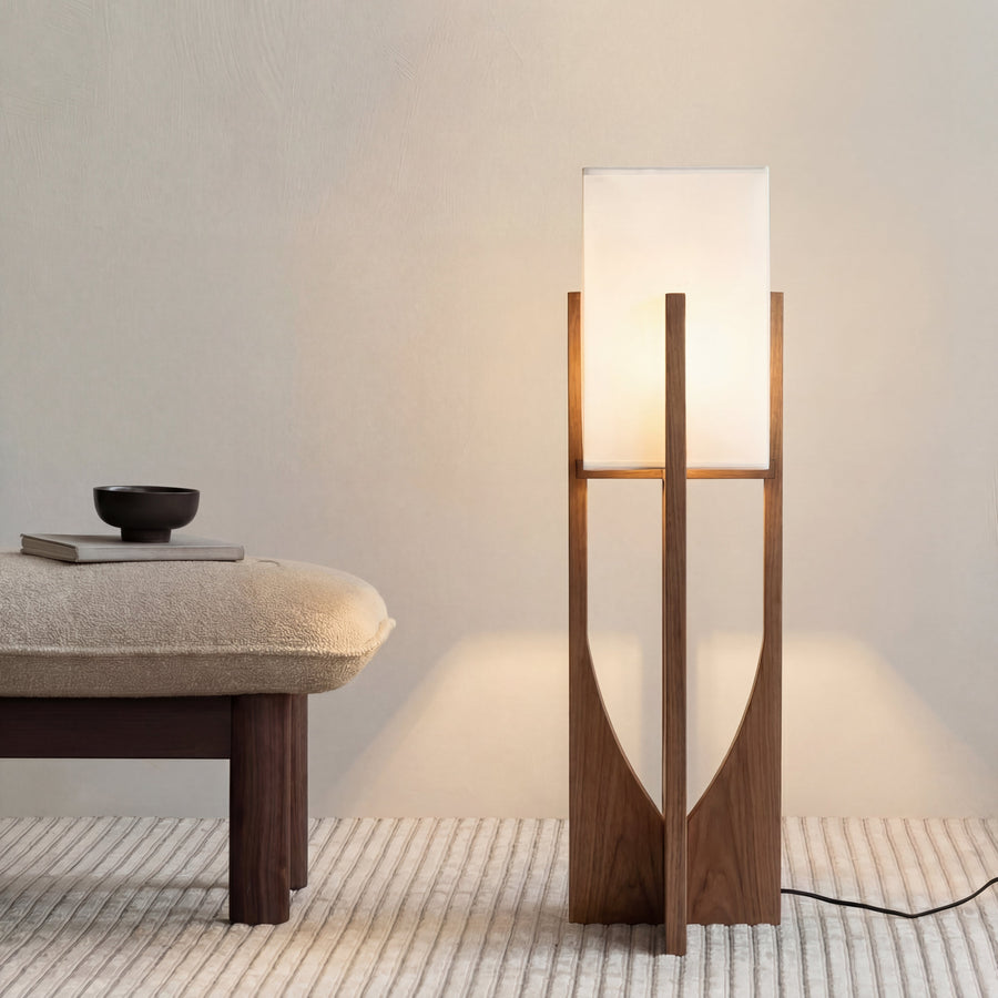 Wabi-Sabi Floor Lamp – Fabric Shade and Wood Base with Warm Light