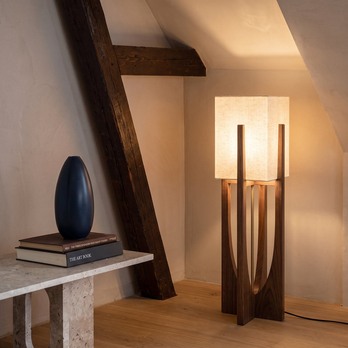 Wabi-Sabi Floor Lamp – Fabric Shade and Wood Base with Warm Light