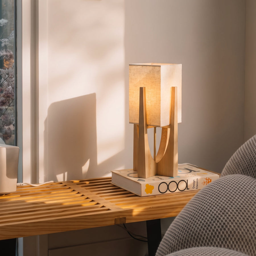 Wabi-Sabi Floor Lamp – Fabric Shade and Wood Base with Warm Light