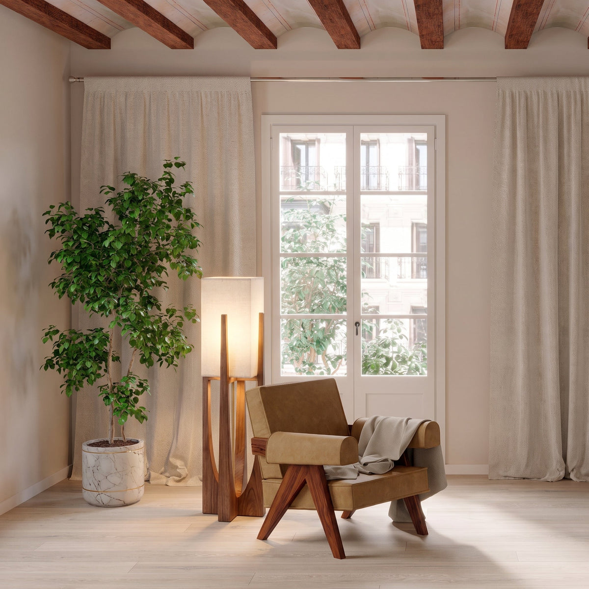 Wabi-Sabi Floor Lamp – Fabric Shade and Wood Base with Warm Light
