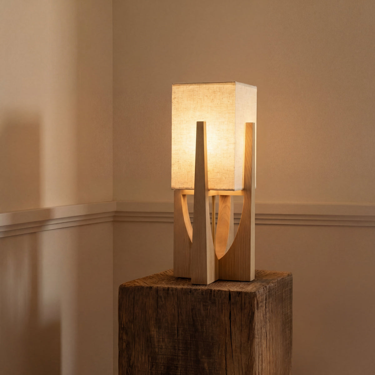 Wabi-Sabi Floor Lamp – Fabric Shade and Wood Base with Warm Light