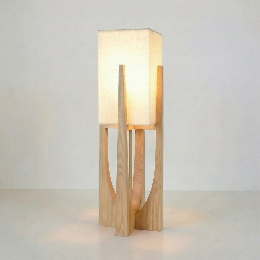 Wabi-Sabi Floor Lamp – Fabric Shade and Wood Base with Warm Light