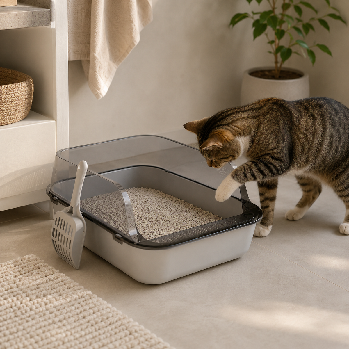 Semi-Enclosed Plastic Litter Box – High Sides and Low Entry for Easy Cleaning