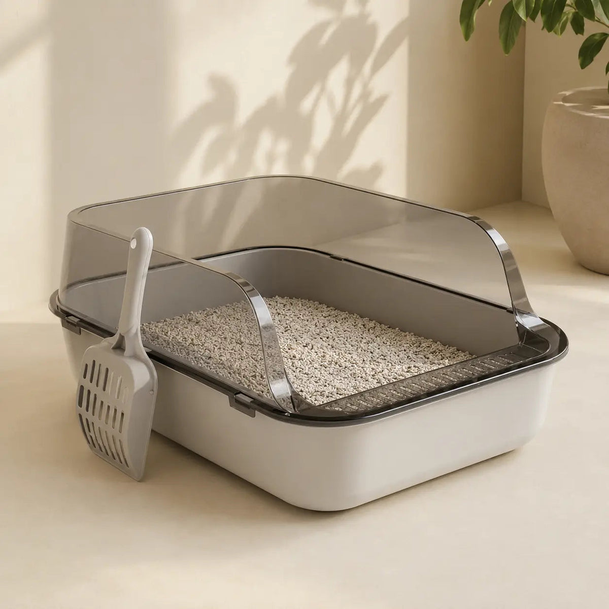 Semi-Enclosed Plastic Litter Box – High Sides and Low Entry for Easy Cleaning