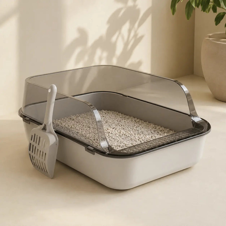 Semi-Enclosed Plastic Litter Box – High Sides and Low Entry for Easy Cleaning