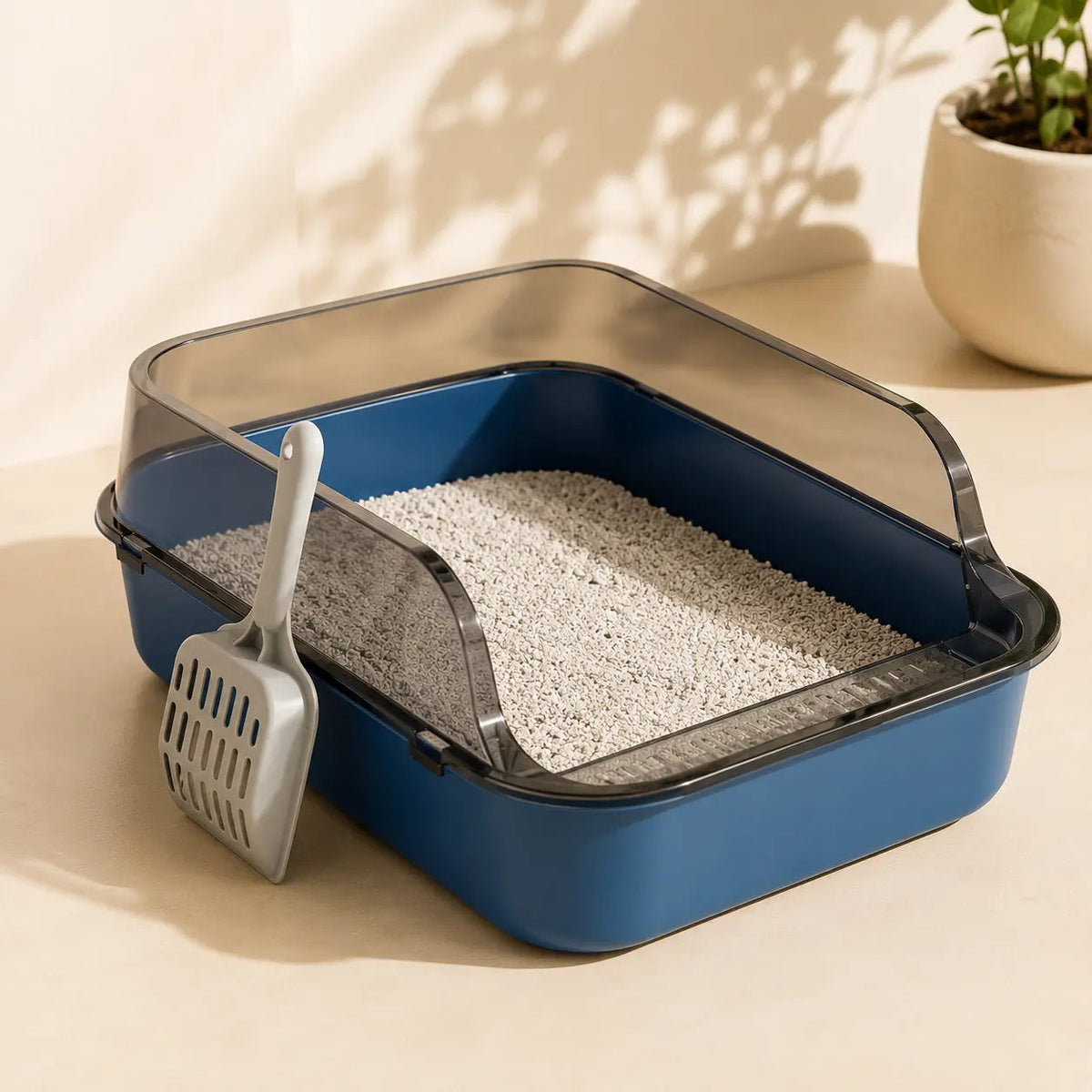 Semi-Enclosed Plastic Litter Box – High Sides and Low Entry for Easy Cleaning