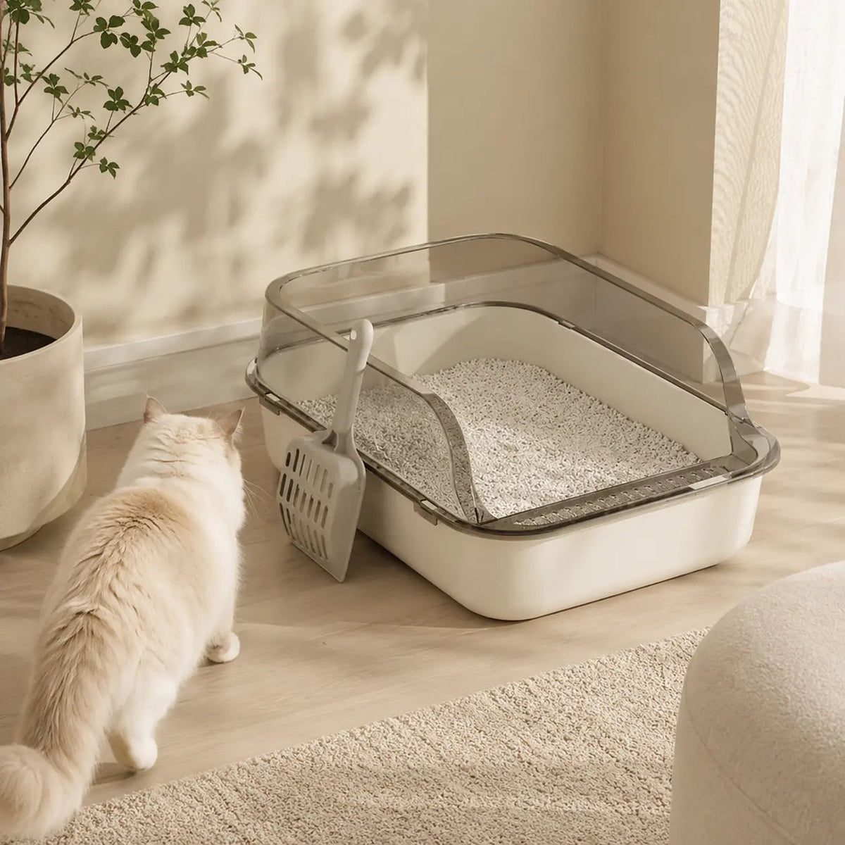 Semi-Enclosed Plastic Litter Box – High Sides and Low Entry for Easy Cleaning