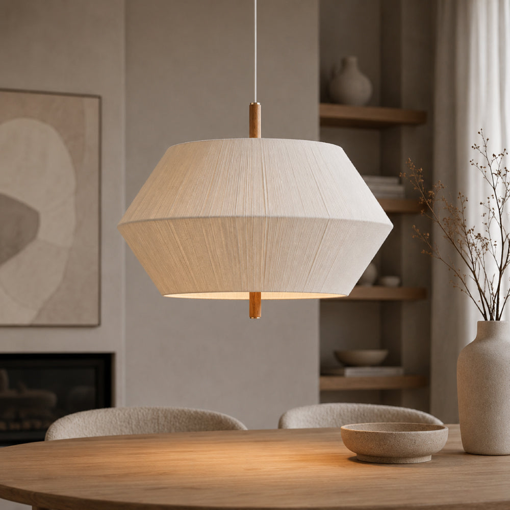 Japandi Pendant Light – Fabric Shade with Wood Details