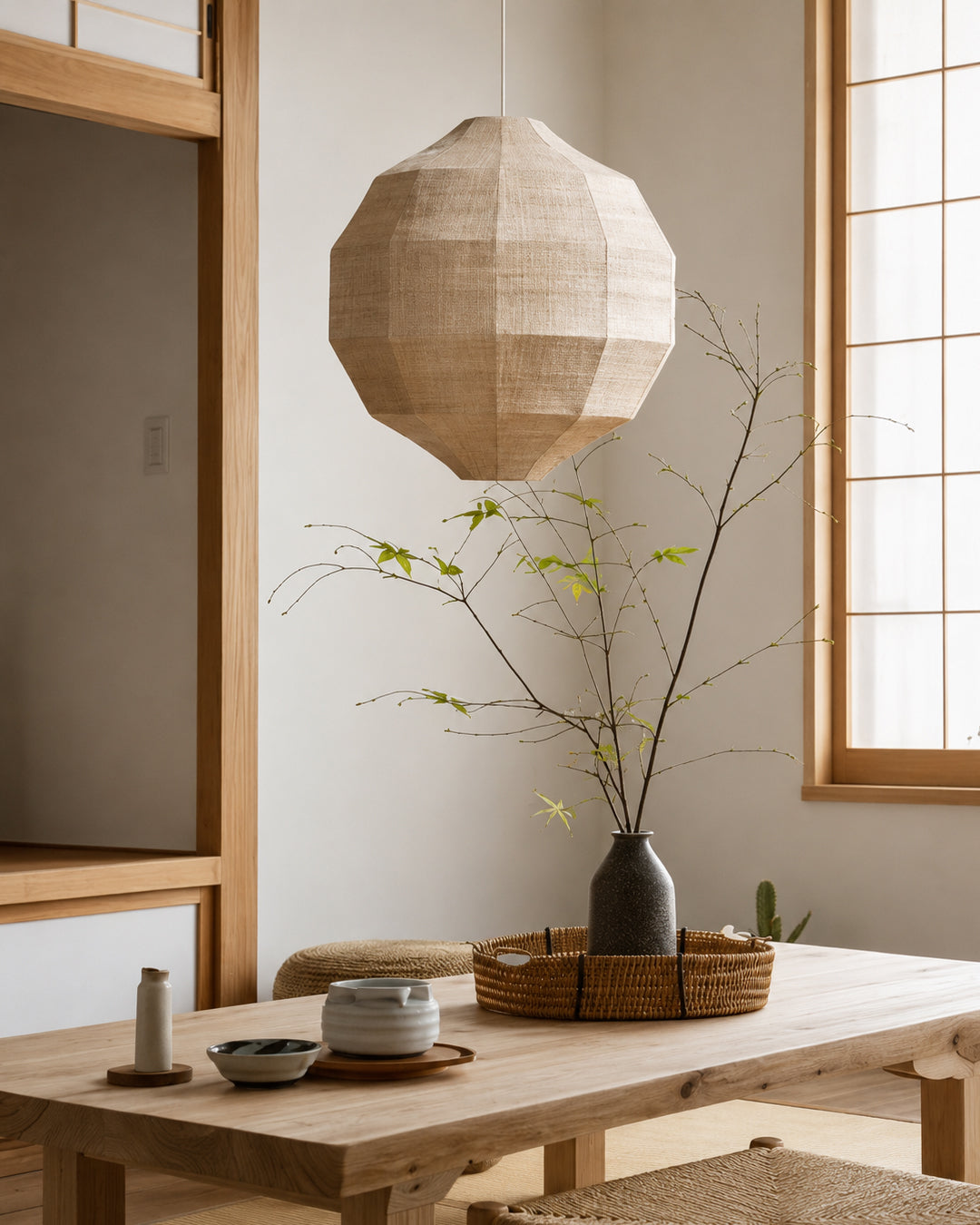 Japandi Natural Plant Fiber Pendant Light – Woven Design with Adjustable Cord