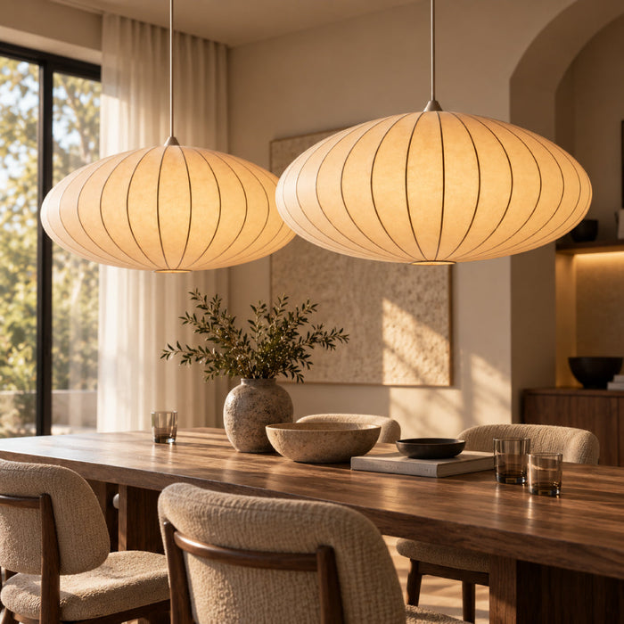 Japandi Silk Pendant Light – Pleated Oval Silhouette