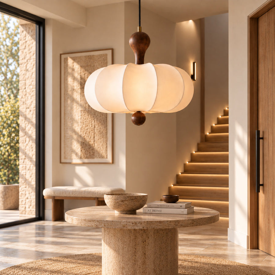 Japandi Dining Pendant Light – Organic Design with Walnut Wood Details