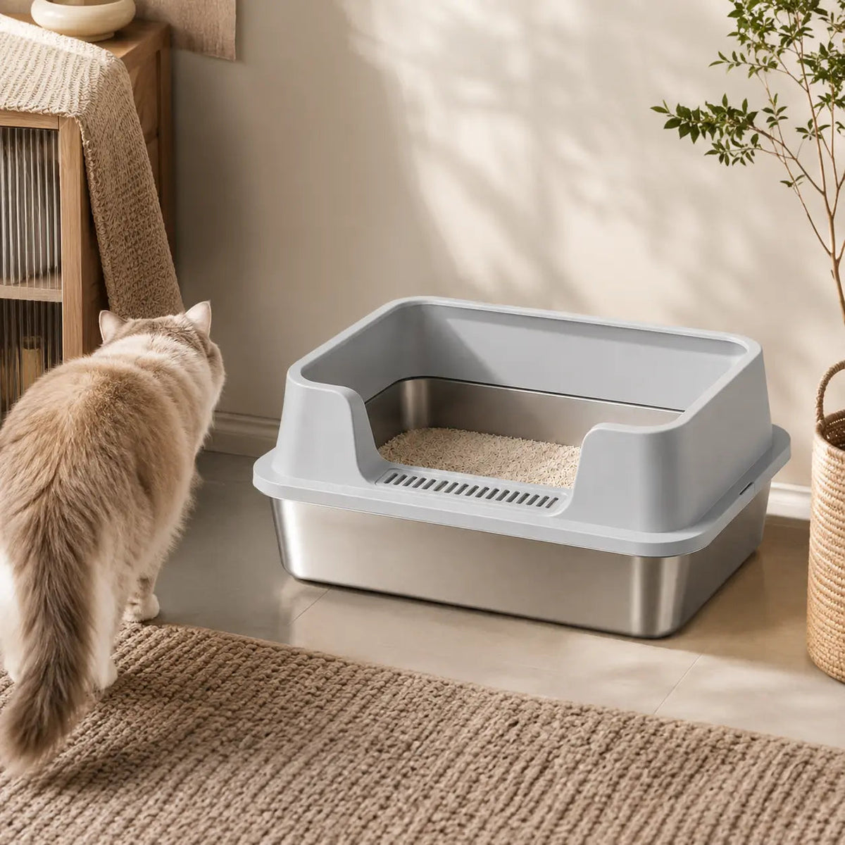 Stainless Steel Cat Litter Box – High Walls and Removable Top for Easy Cleaning