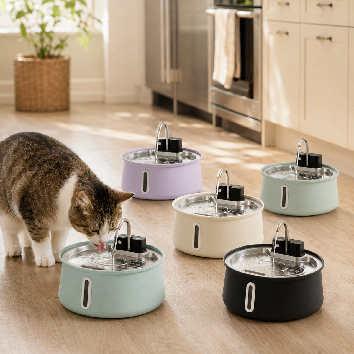 Stainless Steel Cat Water Fountain – Colorful with Water Level Indicator