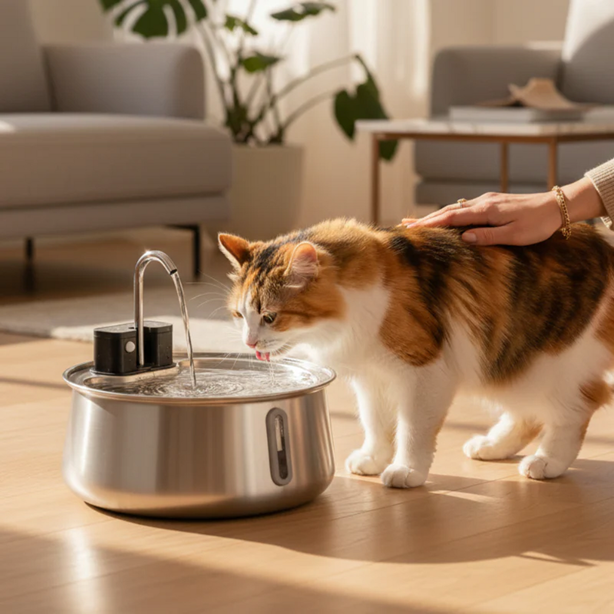 Stainless Steel Cat Water Fountain – Colorful with Water Level Indicator