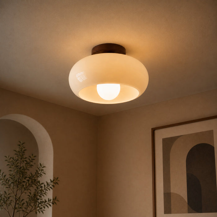 Classic Bauhaus Ceiling Light – Cream Glass with Metal Base